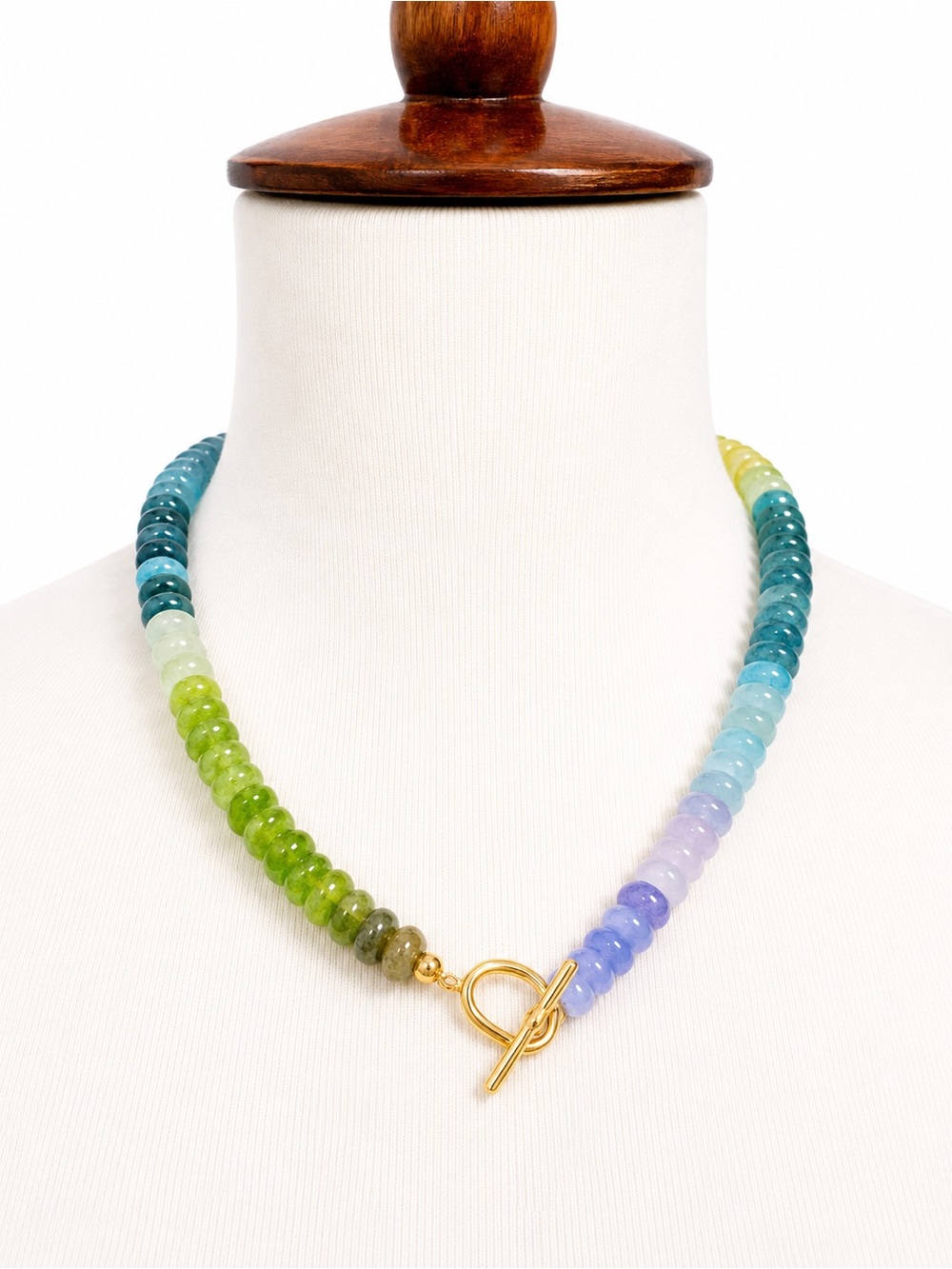 Handmade Gold Toggle Multicolor Beaded Rainbow Necklace - Green Blue Purple Hues